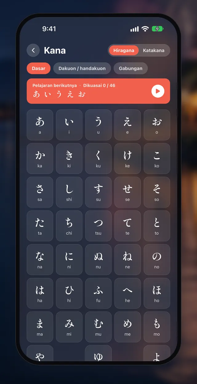 Tampilan aplikasi Aptenyo 単語: Mulai dari kana (Hiragana dan katakana, satu baris demi satu baris)
