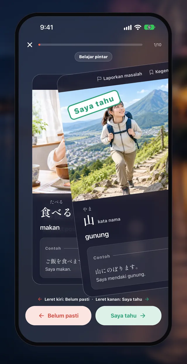Paparan aplikasi Aptenyo 単語: Tekan GO, mula leret (Tahu → kanan · Tidak pasti → kiri · Jadual ulang kaji diatur untuk anda)