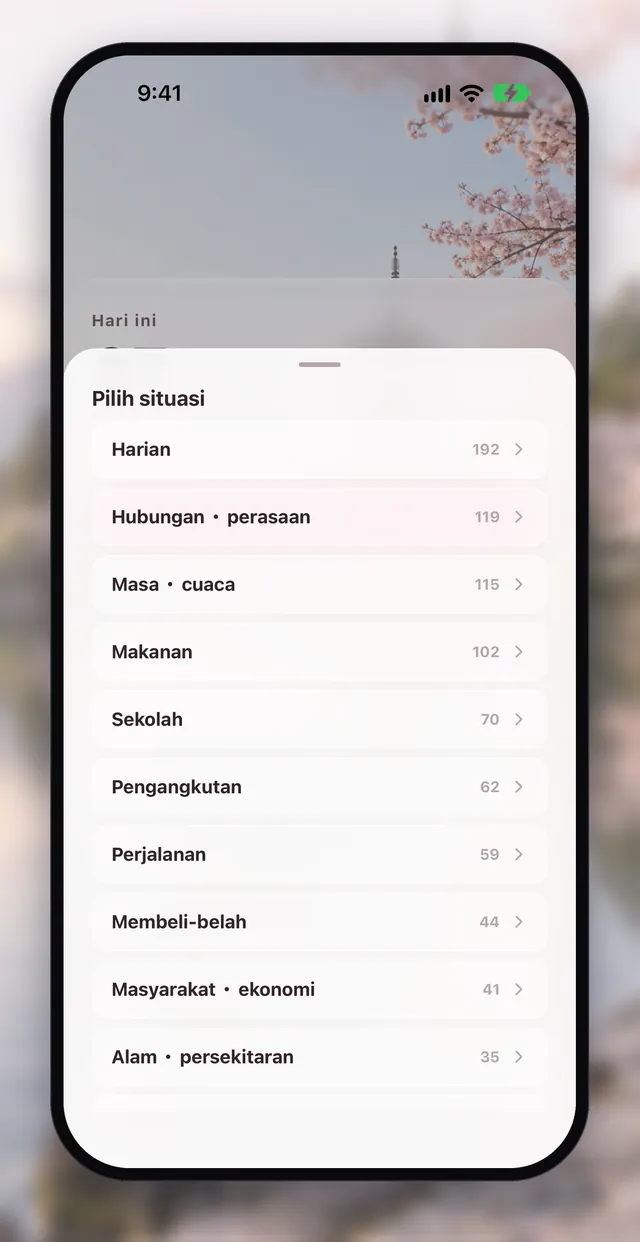Paparan aplikasi Aptenyo 単語: Pilih cara belajar (13 situasi · golongan kata · jawapan salah)