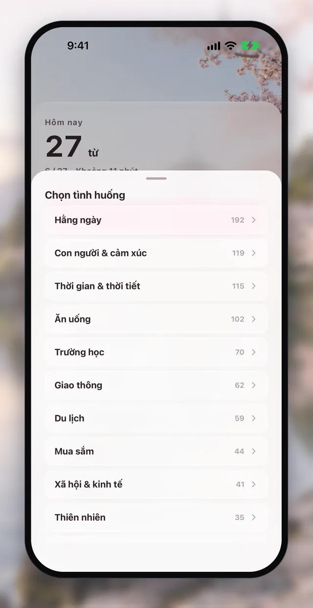 Màn hình ứng dụng Aptenyo 単語: Chọn nhóm từ muốn học (13 tình huống · Từ loại · Từ sai)