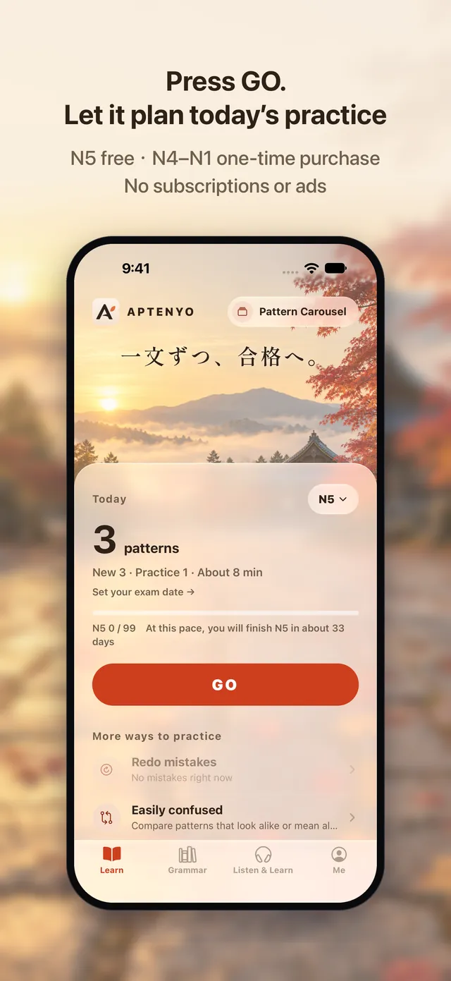 Press GO screen: today's patterns and the start button