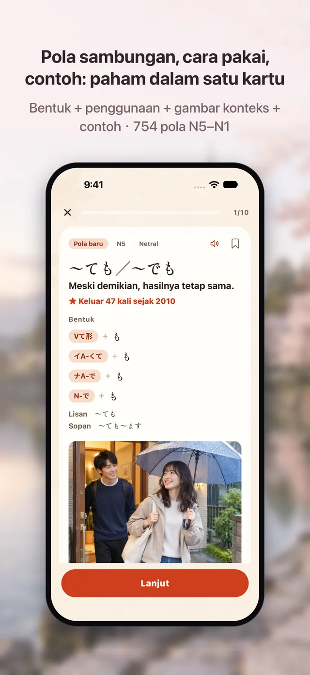 Tampilan kartu tata bahasa JLPT: pola kalimat serta cara penyambungan dan penggunaan dengan ilustrasi situasi