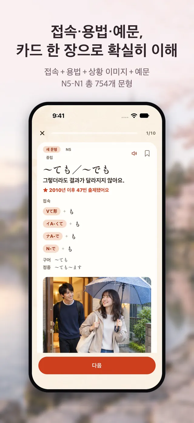 JLPT 문법 카드 화면: 문형과 접속 형태 및 용법과 상황별 삽화