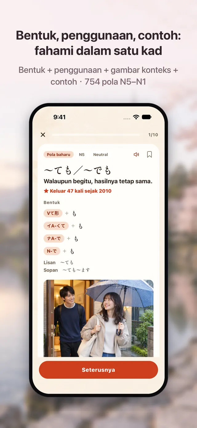 Paparan kad tatabahasa JLPT: pola ayat serta cara sambungan dan penggunaan dengan ilustrasi situasi