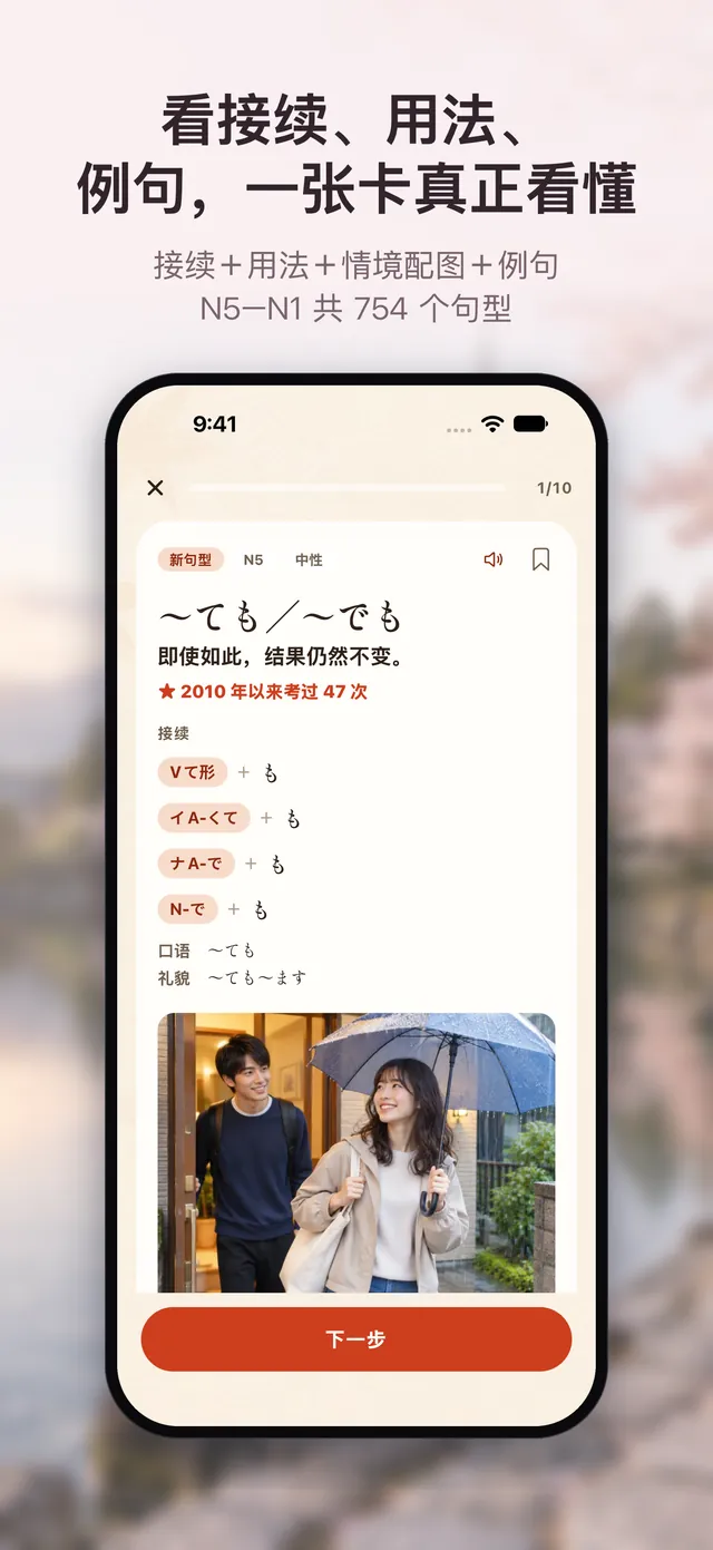 JLPT 文法卡界面：句型、接续、用法和情境插图