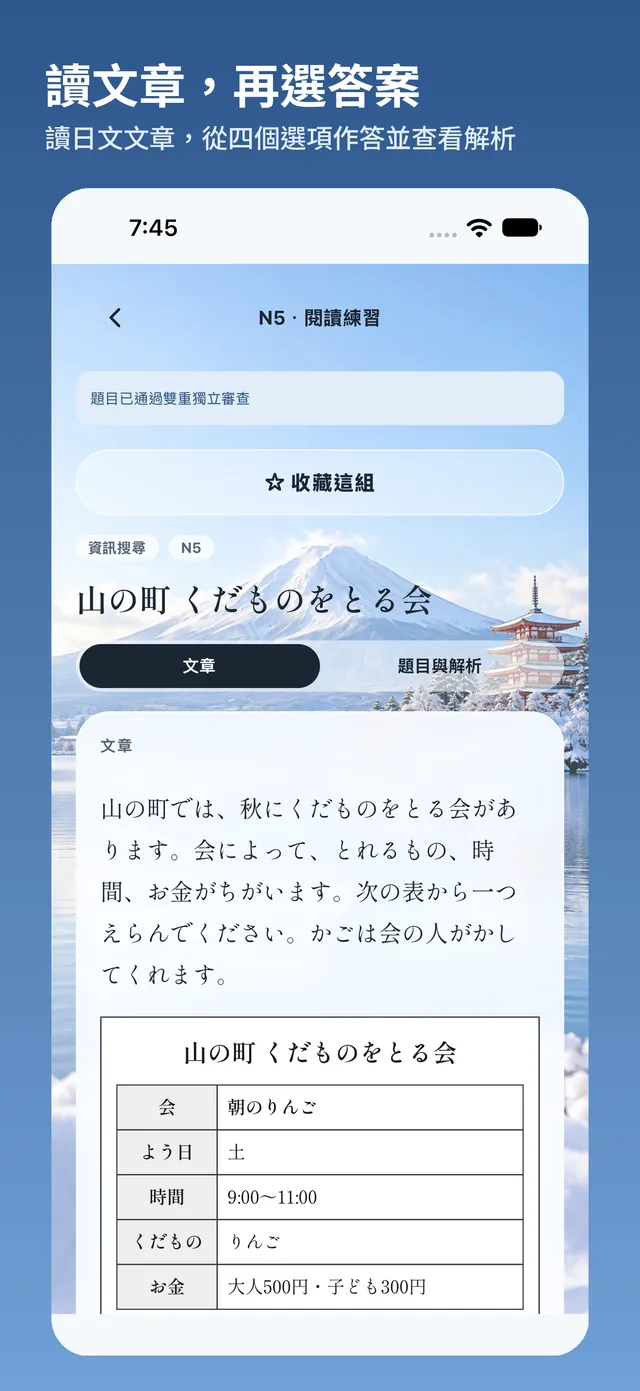 閱讀練習畫面:日文情報檢索短文與表格,可收藏題組並切換文章與題目解析